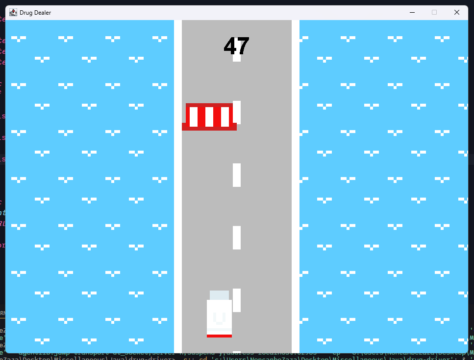 A Game Screenshot containing a truck and some obstacles driving road in the middle of water