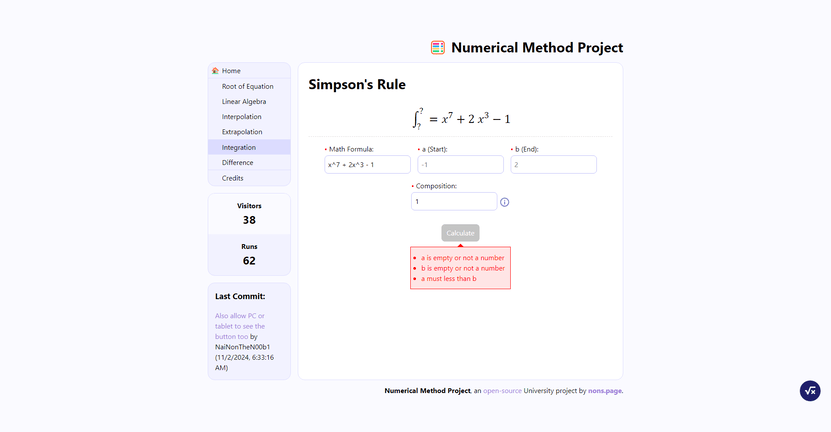 A screenshot of my Numerical Method web app on the Simpson's rule